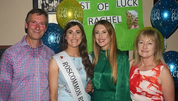 Roscommon Rose, Rachel Hasting, pictured with parents Claude and Monica and sister Miriam at her send-off party in the Big Apple, Ballyforan. Pic. Gerard O’Loughlin 