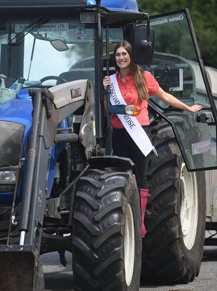 Rachel Hastings on her Valtra tractor as the work goes on before she heads to Tralee to represent Roscommon in the Rose of Tralee. Pic. Gerard O’Loughlin