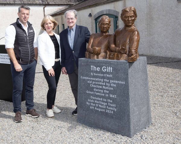 Finbarr Feeley, Feeley Stone; Rhona McGrath, Arts Officer, Roscommon County Council and sculptor, Brendan O'Neill with the new piece of sculpture. Pic. Brian Farrell Finbarr Feeley, Feeley Stone; Rhona McGrath, Arts Officer, Roscommon County Council and sculptor, Brendan O'Neill with the new piece of sculpture. Pic. Brian Farrell