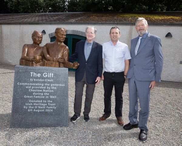Sculptor Brendan O'Neill pictured with Cllr Sean Moylan and Jim Callery with his piece entitled 'The Gift'. Pic. Brian Farrell Sculptor Brendan O'Neill pictured with Cllr Sean Moylan and Jim Callery with his piece entitled 'The Gift'. Pic. Brian Farrell
