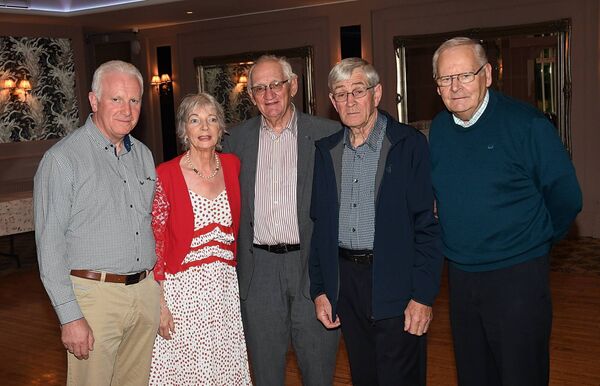 Tom O’Brien, Adeline Mee, Fr. Michael Hickey, Tommy Lennon and Seán Kelly at a party in Fr. Hickey’s honour in the Shamrock Lodge Hotel, Athlone. 