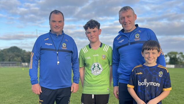 <p>Roscommon Masters football manager Anthony Carroll, alongside Eoin Carroll, Dermot Foley, and Thomas Foley, Kilmore, ahead of last Saturday's All-Ireland final against Tyrone at Kingspan Breffni. Picture: Courtesy of Roscommon GAA</p>