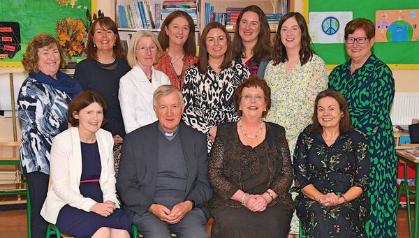 Principal of Ballintleva NS, Mary O’Brien-Healy, who has retired from Ballintleva NS, pictured with staff members on her last day. Front: Cathy Landy, Fr. Francis Beirne, and Jacinta Crehan. Back: Darina Dolan, Ann Watson, Teresa Dervin, Eileen Kelly, Avril Ward, Sinéad O’Brien, Margaret Kelly and Sheila O’Brien. Pic. Gerard O’Loughlin