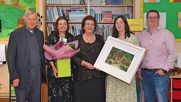 Principal of Ballintleva NS, Mary O’Brien-Healy received a number of presentations on her retirement last week. She’s pictured here with Fr. Francis Beirne, Jacinta Crehan, Margaret Kelly and Raymond Gately, Chairperson Parents’ Association. Pic. Gerard O’Loughlin