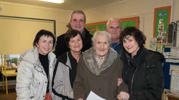 Top of the poll: Breegeen Monaghan from Carrick-on-Shannon celebrated her 100th birthday on polling day but took time out to cast her vote in the local school. Breegeen is pictured with daughters Bernadette, Ann and Marese Monaghan, and sons Aidan and Brendan Monaghan. Pic: Gerry Faughnan