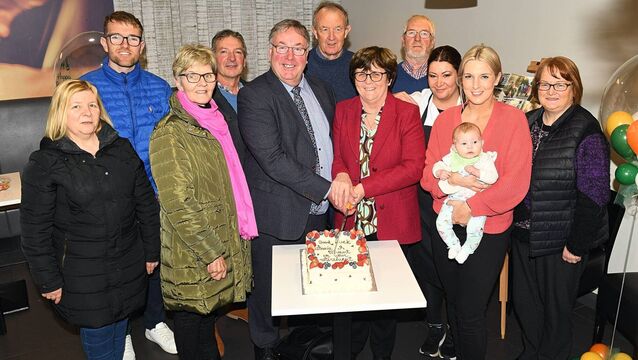 <p>Friends and well-wishers pictured with Annie and Vincent Timothy on their last day at Timothy’s Londis before they retired from business. Pic: Gerard O’Loughlin</p>