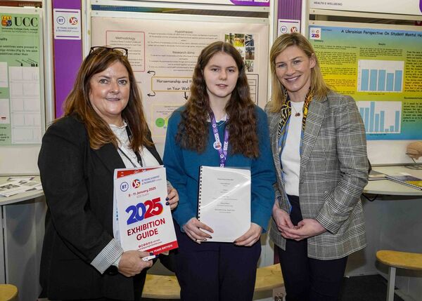 Valerie O'Gorman, BT Ireland and Nina Carberry MEP meet Layla Mulvany Madden from Roscommon Community College Roscommon with her project' Horsemanship and the effects on your mental health' at the 61st BT Young Scientist and Technology Exhibition in the RDS Dublin. 