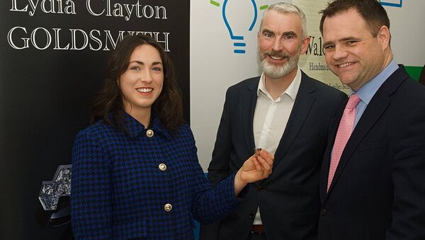 Lydia Clayton Goldsmith showing her designs to Enda Cannon, Local Enterprise Office Roscommon and Minister Neale Richmond TD last March. Pic: Gerard O’Loughlin