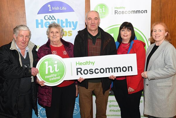 Padraig and Nora Filan, Castleplunkett; John O’Brien, Caroline Dermody, Brideswell and Aisling Dunne, Healthy County Co-ordinator, Roscommon County Council, pictured at the finale of the Elphin Fit Farmers programme in Elphin, and marking the 5-year anniversary throughout Roscommon. Pic: Gerard O’Loughlin 