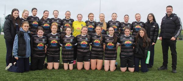 The Coola side, alongside manager, Eamonn Bruen, that have qualified for the FAI Schools Senior ‘B’ Girls National Cup final. 