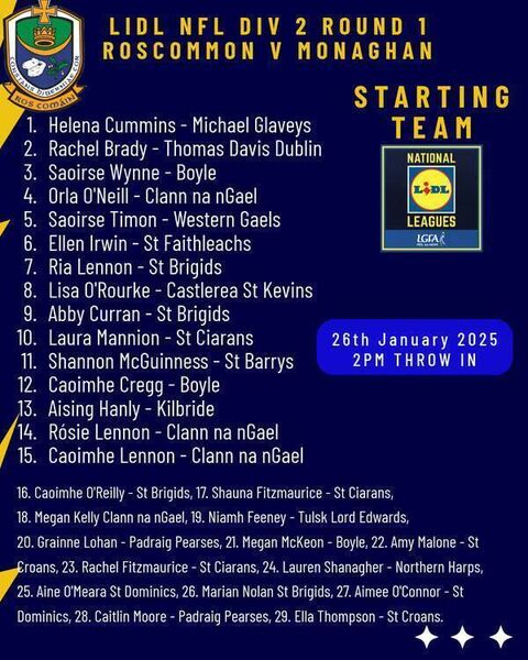 The Roscommon intermediate ladies' football panel selected for Sunday's Division Two League game against Monaghan at Johnstown. Graphic: Roscommon LGFA