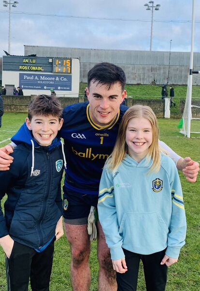 John and Emily Hunt from Aughrim Kilmore with Roscommon goalie Conor Carroll in Drogheda on Sunday where Roscommon took on Louth in Round 2 of the Allianz Football League.