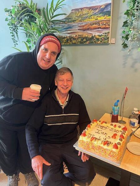 Adrian Lyons and Ian Thorley celebrating Ian’s 200th time volunteering at Lough Key parkrun. Pic: Patricia Kelly McGarry Adrian Lyons and Ian Thorley celebrating Ian’s 200th time volunteering at Lough Key parkrun. Pic: Patricia Kelly McGarry