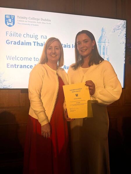 Abi Flanagan, Castlerea Community School, who received an Entrance Award from Trinity College, Dublin. She is pictured here with principal Eileen Ryan.