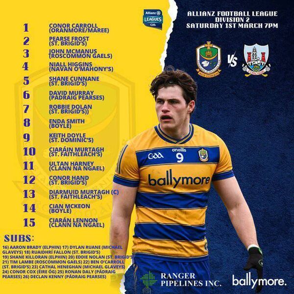 The Roscommon match-day 26 for Saturday evening's Division Two League game against Cork at SuperValu Páirc Uí Chaoimh. Graphic: Roscommon GAA