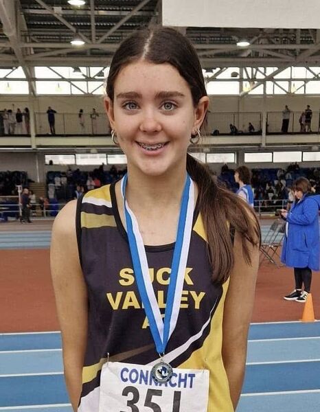 Emily Gately from Suck Valley who claimed gold in the U-15 high jump and bronze in the 60 metres at the Connacht Indoor Athletics Championships.