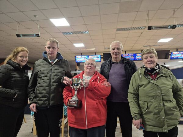 Sinead, and Jude Glesson, Bernadette Carr, Bob McCormack, and Martina Glesson at the Roscommon Special Olympics v Roscommon Fire Service annual bowling challenge.
