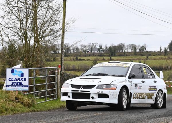 Roscommon driver Bobby Cooper and his co-driver, Elaine Ní Shé, in their Mitsubishi Lancer E9, competing in the Jeremy O’Connor Longford Arms Hotel Stages Rally last weekend, Picture: Martin Walsh. 