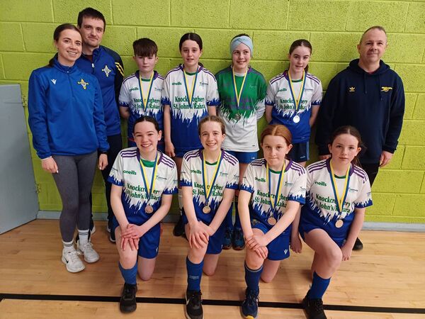 The U-13 girls' team from Knockcroghery/St. John's and their management that won silver medals at the Community Games indoor soccer competition in Strokestown.
