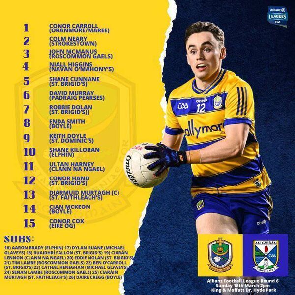 The Roscommon match-day 26 to face Cavan at King and Moffatt Dr. Hyde Park on Sunday next. Graphic: Roscommon GAA