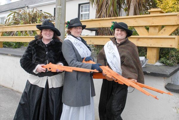 The suffergettes, Martina Roddy, Dorcas Toop and Adrianne Henry taking part in the Boyle St. Patrick's Day Parade last year. Pic. Liam Reynolds