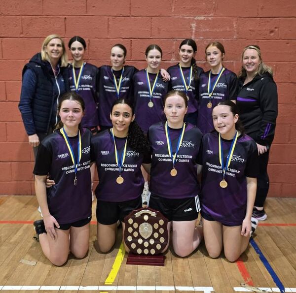 The U-13 girls' basketball team from Roscommon/Kilteevan, and their management, that were crowned county champions at the Community Games finals in Castlerea.