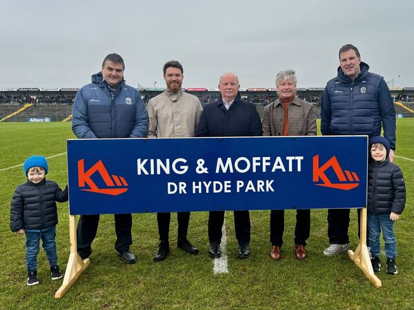 Representatives from King and Moffatt and Roscommon GAA at the recent Division Two League game between Roscommon and Monaghan at King and Moffatt Dr. Hyde Park. L-r: Mikey King, Brian Carroll; Roscommon GAA Chairperson; Padraig King, John Moffatt, Pat King, Brian Mullin Roscommon GAA Secretary, and Paddy King.