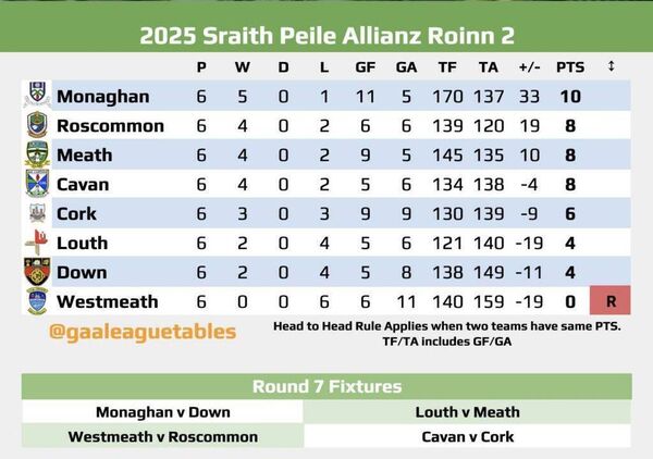 The Division Two League table ahead of Sunday's final round of games. Graphic: GAA League Tables