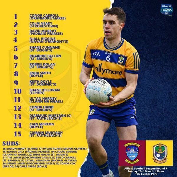 The Roscommon match-day 26 for Sunday's crunch Division Two League showdown against Westmeath in Mullingar. Graphic: Roscommon GAA