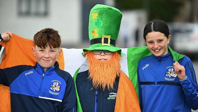 <p>DRESSED FOR THE OCCASION: Conor Doorley, Joachim Dineen and Bronagh Naughton, Knockcroghery, celebrating St. Patrick's weekend at Roscommon's Division Two League game against Cavan at King and Moffatt Dr. Hyde Park on Sunday last. Picture: Gerard O'Loughlin</p>