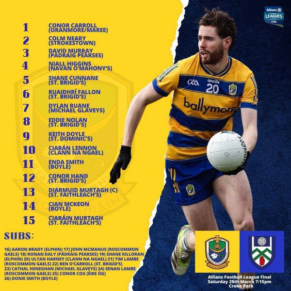 The Roscommon team to face Monaghan in this Saturday's Division Two league final. Graphic: Roscommon GAA. The Roscommon team to face Monaghan in this Saturday's Division Two league final. Graphic: Roscommon GAA.