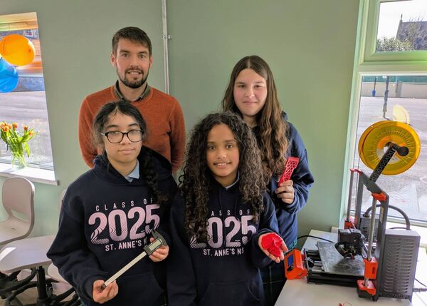 Vivien, Anna and Bianca with Mr Casey at the opening of a new STEM Room at St. Anne’s NS, Castlerea on Friday last. Pic: Liam Reynolds