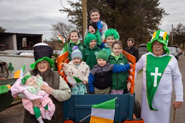 Mick, and Margaret O'Donnell with the grandchildren at the Cloonmaul, Loughglynnn St Patrick's Day Parade. 