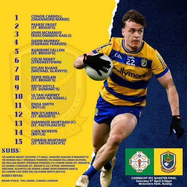 The Roscommon senior football panel to play London in the quarter-finals of the Connacht SFC in Ruislip on Saturday. Graphic: Roscommon GAA