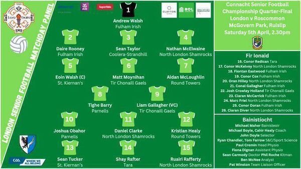 The London match-day 26 for Saturday's Connacht SFC quarter-final against the Rossies at McGovern Park, Ruislip. Graphic: London GAA The London match-day 26 for Saturday's Connacht SFC quarter-final against the Rossies at McGovern Park, Ruislip. Graphic: London GAA