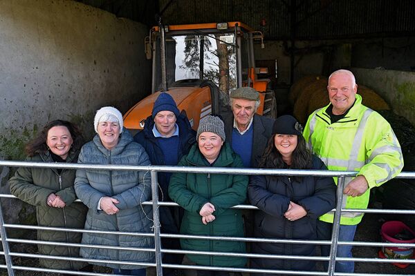 Bernadette Mee, Patricia Staunton, Marty Mannion, Ethna Mee-Burke, John Staunton, Fionnuala Mee-McHugh, Curraghboy, with Hank Dewit who was involved in the project at the switching on of the interim pumping solution for Lough Funshinagh. Pic: Gerard O'Loughlin