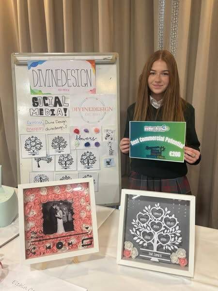 Three entries from Elphin Community College were selected to go through to the Student Enterprise Awards which were held in Athlone recently. Congratulations to Abby O’Callaghan of Divine Designs, who won Best Commercial Potential and received a €200 prize for her innovative business idea. 