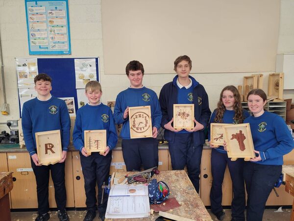 Second Year Wood Technology students from Abbey Community College, Boyle who recently competed their clock display projects, which featured some beautifully detailed and creative veneer designs.
