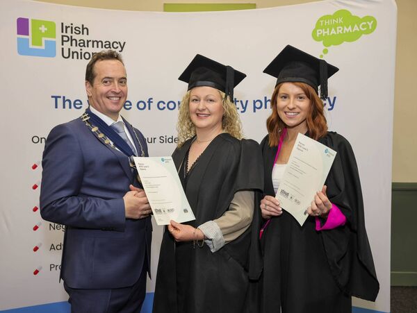 Pharmacy technicians from Boyle were conferred at the Irish Pharmacy Union graduation which took place in the RDS, Dublin recently. Pictured is IPU President Tom Murray with newly graduated IPU Technicians, Helena Casey and Kate Corcoran, both from Brogan’s Chemo Pharmacy, Boyle. Pic: Chris Bellew/Fennell Photography 
