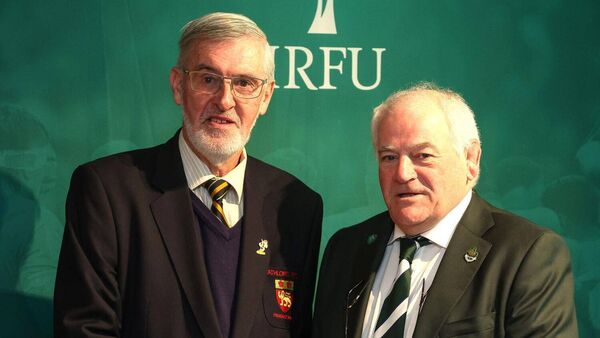 Michael Silke, Buccaneers RFC, receives his Service To Rugby award from IRFU President, Declan Madden, at a special ceremony in the Aviva Stadium last weekend. Michael Silke, Buccaneers RFC, receives his Service To Rugby award from IRFU President, Declan Madden, at a special ceremony in the Aviva Stadium last weekend.