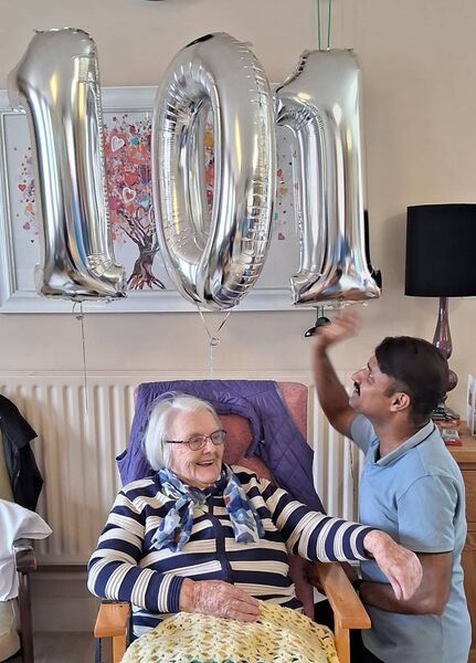 Eileen Cox, Grangemore, Boyle who celebrated her 101st birthday in Plunkett CNU Boyle pictured with HCA Roy Thomas enjoying the celebrations.