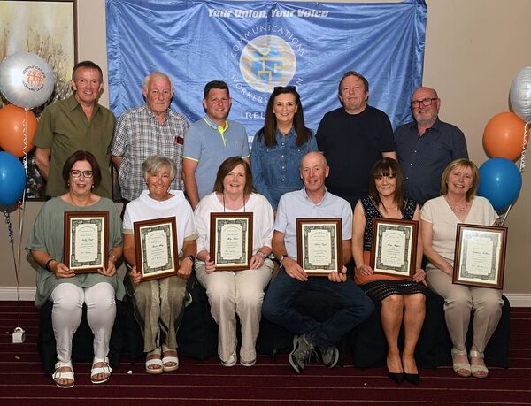 Pictured at a presentation function in Hannon’s Hotel, Roscommon, to honour retired members of Roscommon Post Office. In picture, from left, front: Jackie Doyle, Bernie Miley, Mary Keane, Adrian Coyle, Mary Rodgers and Catherina Collins. Back, from left: John Tansey, Gerry Kehoe, Paddy Glennon, Angela Keegan, Mike Lyons and Joe Murphy. Pic: Gerard O’Loughlin 