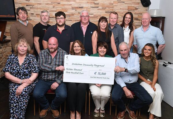 Strokestown Community Playground Committee were the recipients of a cheque in the sum of €13,300 at a recent cheque presentation at the Silver Eel Bar, Strokestown. The funds were realised from the ‘Mad Mick’ Tractor run in March. In picture are the tractor run committee, from left, front: Margaret Kelly, John Doorley (Mary Owens and Michelle Dockery, Strokestown Community Playground), John Lawe and Chloe Rogers. Back row, from left: Tony Beirne, Paul Kelly, Fergal Kelly, Martin Shiel, Fionnuala Lawe, Ben Kelly, Lauren Beirne and Conor Beirne. Pic: Gerard O’Loughlin Strokestown Community Playground Committee were the recipients of a cheque in the sum of €13,300 at a recent cheque presentation at the Silver Eel Bar, Strokestown. The funds were realised from the ‘Mad Mick’ Tractor run in March. In picture are the tractor run committee, from left, front: Margaret Kelly, John Doorley (Mary Owens and Michelle Dockery, Strokestown Community Playground), John Lawe and Chloe Rogers. Back row, from left: Tony Beirne, Paul Kelly, Fergal Kelly, Martin Shiel, Fionnuala Lawe, Ben Kelly, Lauren Beirne and Conor Beirne. Pic: Gerard O’Loughlin
