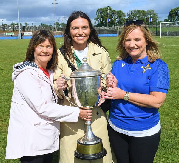 St. John's Athletic supporters, Tina O’Beirne, Sarah O’Sullivan and Paula O’Beirne, with the Challenge Cup following their club's victory against Glen Celtic at the RDFL Grounds, Lecarrow. St. John's Athletic supporters, Tina O’Beirne, Sarah O’Sullivan and Paula O’Beirne, with the Challenge Cup following their club's victory against Glen Celtic at the RDFL Grounds, Lecarrow.