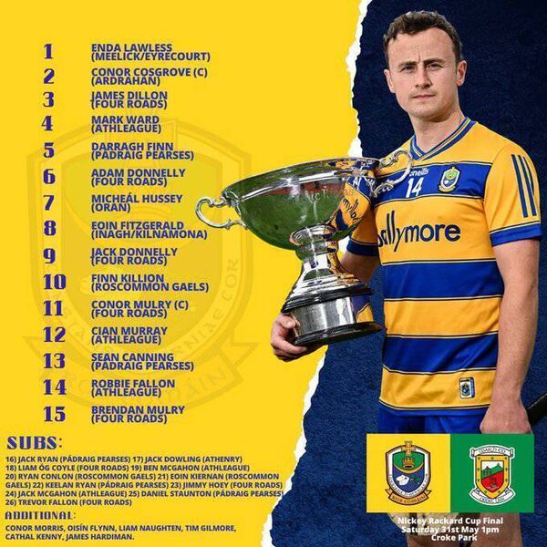 The Roscommon senior hurling match-day 26 to face Mayo in Saturday's Nickey Rackard Cup final in Croke Park. Graphic: Roscommon GAA