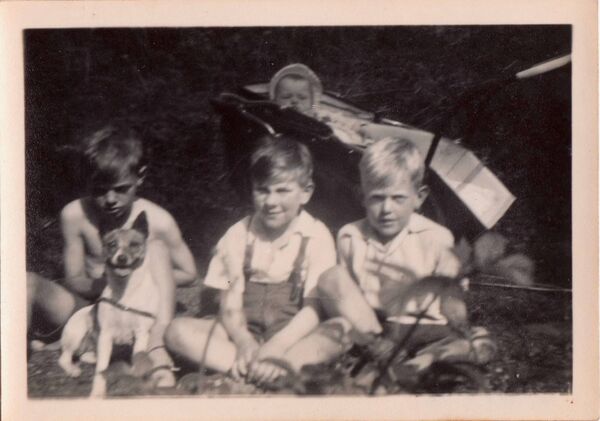 A rare London photograph of Ralph McTell and Josephine Connaughton as a baby in the pram. Ralph is pictured with the dog, his late brother Bruce is on the right while a neighbour's child, Mickey Sparrow is in the middle.