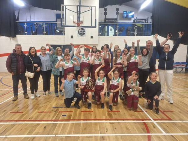 Pupils and supporters from Cloonbonniffe NS, Castlerea after the school's basketball team won the two teacher A competition in the Roscommon Schools’ basketball competition held at The Hub in Castlerea. 
