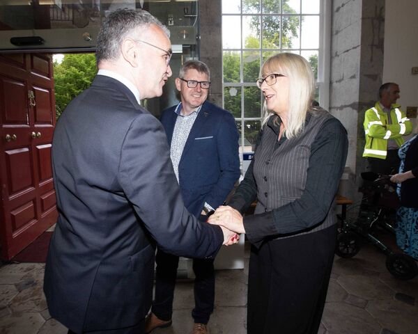 Minister for Rural and Community Development, Dara Calleary is welcomed to King House, Boyle during his tour of the county to officially open new facilities. Pic: Brian Farrell
