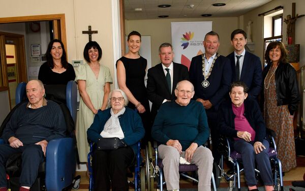 Pictured at the launch of a Community Linkage Project, a new initiative bringing community supports to women in nursing homes are Minister of State for Older People and Housing, Kieran O'Donnell with residents of Plunkett Community Nursing Unit, Boyle; Cathaoirleach of Roscommon County Council, Cllr Paschal Fitzmaurice; Roscommon County Council director of services; senior executive officer and Age Friendly Ireland staff. Pic: Ivan Keany