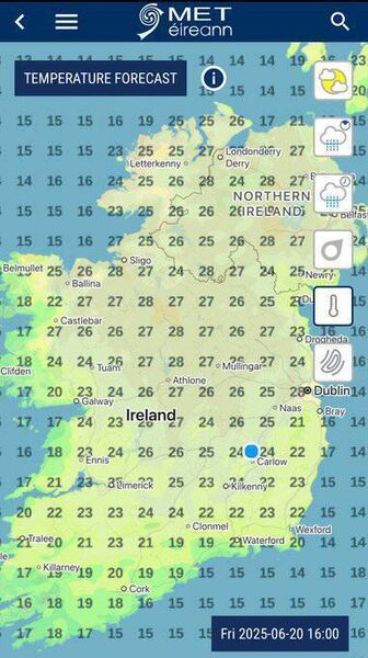 Met Éireann's temperature forecast for Thursday, which could see parts of County Roscommon hit 28c. Met Éireann's temperature forecast for Thursday, which could see parts of County Roscommon hit 28c.